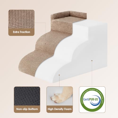 4 Step Curved Dog Stairs for Beds 17.6" H (Camel / 31.3"l X 15.7"w X 19.3"h)