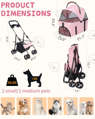 Pet Stroller 3 in1 Foldable Dog Cat Stroller with Detachable Carrier (PINK)