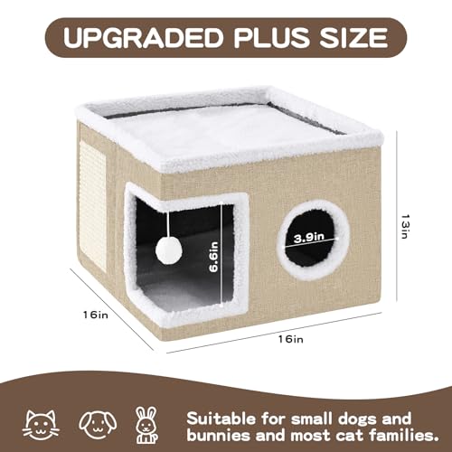 Large Cat Houses for Indoor Cats with Fluffy Ball and Scratch Pad (SingleAK / Large)