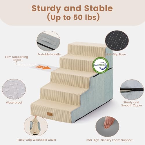 Dog Stairs for Small Dogs 22.8" H (Beige / 18"x29"x22.5"Extra Wide)