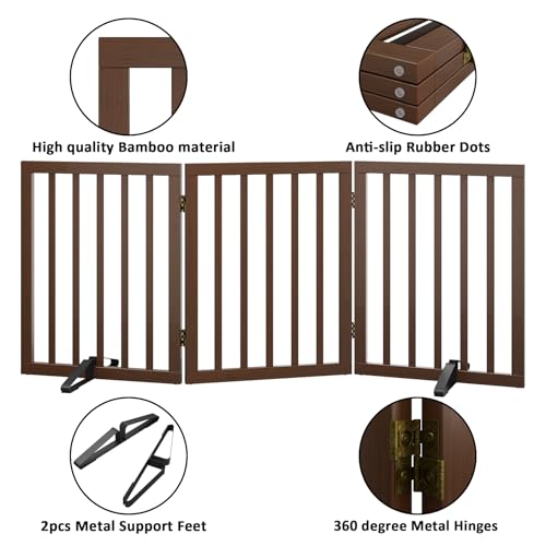 Wooden Dog Gate Freestanding Foldable 3 Panel Pet Gates Extra Wide Dog Gates for Indoor Doorways Stairs 24in Height Support Feet Included (Dark Brown / 3 Panel - 55 inches Wide)