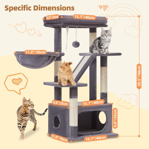 Cat Tree 38.5In Cat Tower for Indoor Cats (Smoky Gray / 38.5 Inches)