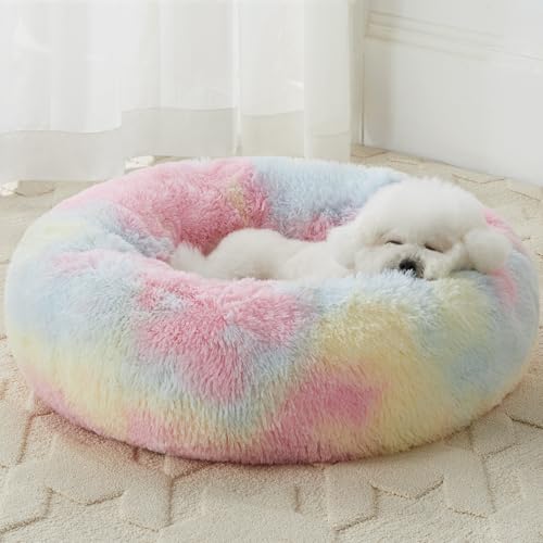 Medium Round Calming Dog Bed Cat Bed for Comfy Sleep (27"L x 27"W x 10"Th / Rainbow)