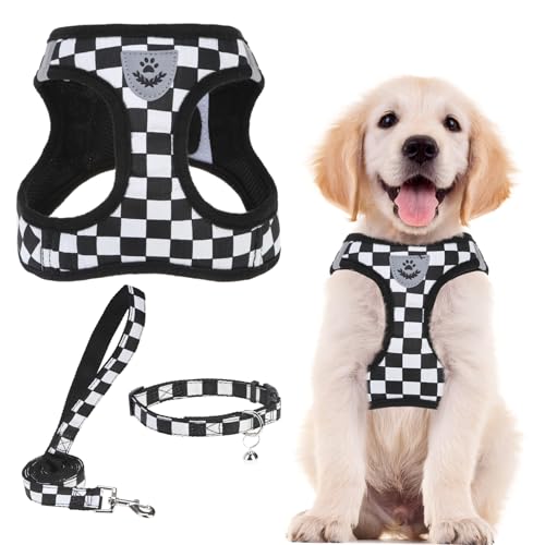 Dog Harness Collar and Leash Set No Pull for Small Medium Sized (Black&White (Checkered) / M (CHEST 16"-18"))