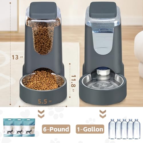 Automatic Cat Feeder and Water Dispenser with Stainless Steel Bowl Dog Gravity Food Feeder and Waterer for Small Medium Pets Puppy Kitten 1 Gallon x 2 (Charcoal gray)
