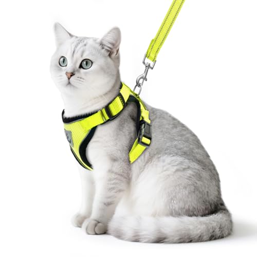 Cat Harness and Leash Set Escape Proof Reflective Cat Walking Harness Adjustable Soft Breathable Mesh Vest for Small Pets (M (NECK 11"-13.7", CHEST 16"-20") / Fluorescent Yellow)