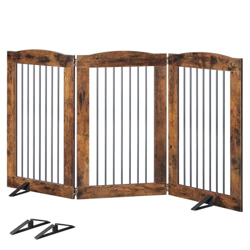 Indoor Dog Gate with Support Feet (Rustic Brown / 【3 Panels】61.4"L x 31.5"H)