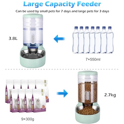 Automatic Cat Feeder and Water Dispenser with Stainless Steel Bowl Gravity Food Feeder and Waterer Set for Small Medium Dog Puppy Kitten 1 Gallon x 2 (Stainless Steel-Green)