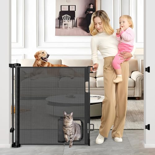 Retractable Baby Gates with Door 55" Wide Retractable Dog Gate with Pet Door Outdoor Retractable Gate for Dogs Mesh Baby Gate Retractable Pet Gate with Cat Door Retractable Child Gates for Doorways (Black / 33" X 55"（With Cat Door ）)