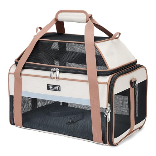 Top Expandable Pet Carrier 17x11x9.5 Inch Alaska Hawaiian Airline Approved Soft Sided Underseat to 12lbs Travel Carriers for Small Dogs and Cats with Locking Safety Zippers Anti (Khaki)