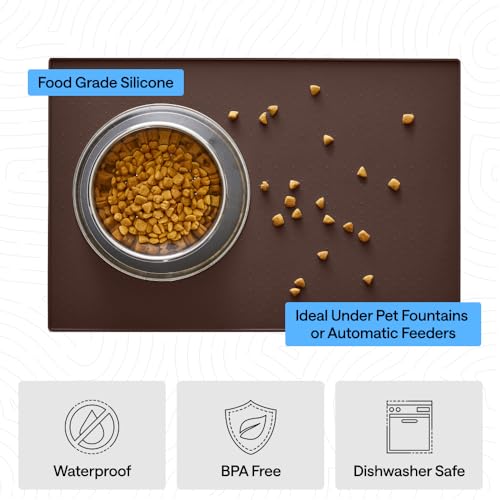 Dog Food Mat 100% Waterproof Silicone (Brown / 16"l X 10"w)