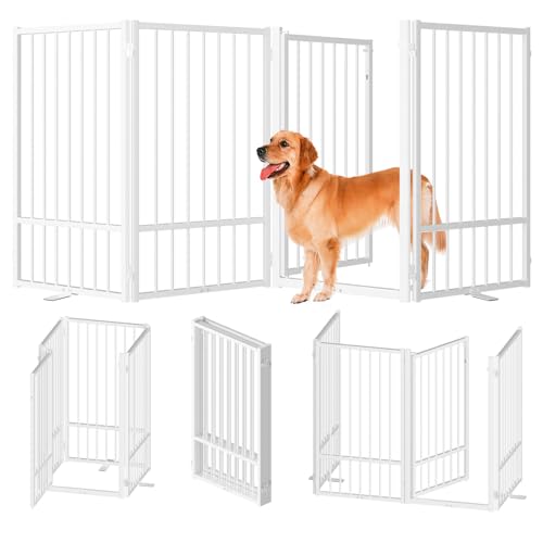 Full Metal Freestanding Dog Gate with Door (【4 Panels】80"W*36H" / White)