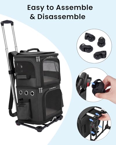 Double Compartment Cat Carrier Backpack with Wheels for Two Pets (14.6"L x 11.2"W x 21.6"H / Black)