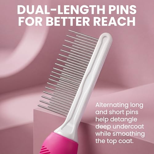 Poodle Pet Detangling Pet Comb with Long & Short Stainless Steel Teeth for Removing Matted Fur (Pink / Detangling Pet Comb)