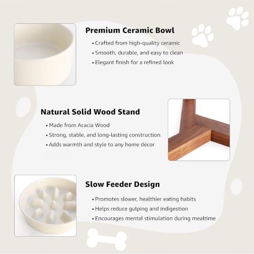 WHUD Elevated Ceramic Dog Bowls with Wooden Stand for Small to Medium Sized Dogs