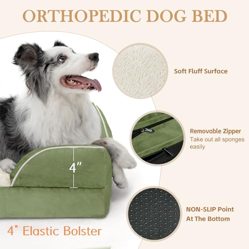 Orthopedic Dog Beds for Large Sized Dog with Bolster (38.0"L x 25.0"W x 7.0"Th / Light Green)