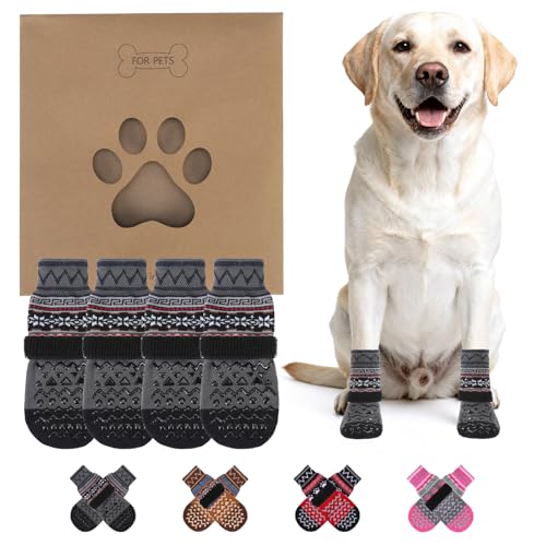 Dog Socks to Prevent Licking Paws for Hardwood Floors Anti Slip (Grey Ornamentation / Medium (4 Pack))