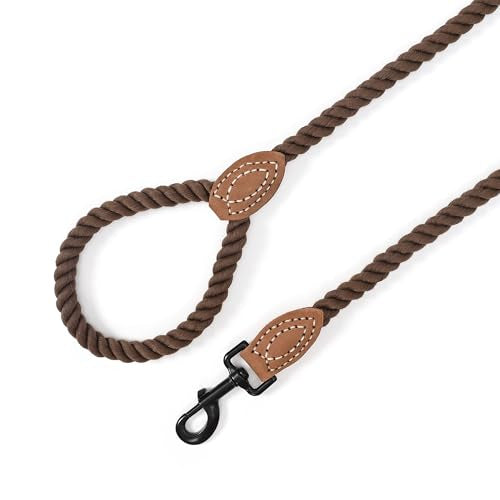 Dog Leash Braided Cotton Rope with Leather (Dark Brown / 48 Inch-1/2")