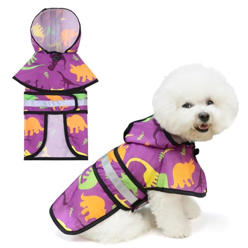 Dog Raincoat Hooded Slicker Poncho with Leash Hole (M:15-20lbs / Cool Dinosaur)