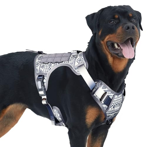 Dog Harness for Large Dogs (Tribal Patterns-Grey / L(Neck:18-29",Chest:24-37"),45-80 lbs)