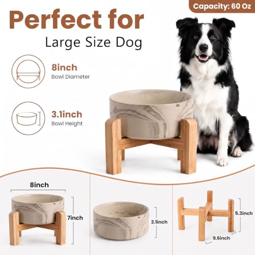 Elevated Ceramic Dog Bowl with Bamboo Stand (Marble Brown / 7.6Cup)
