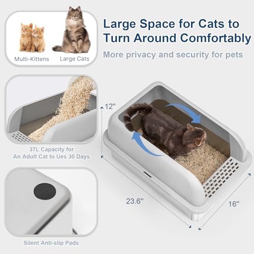 XL Enclosed Stainless Steel Cat Litter Box for Big Cats (Light Grey & Sliver / Large)