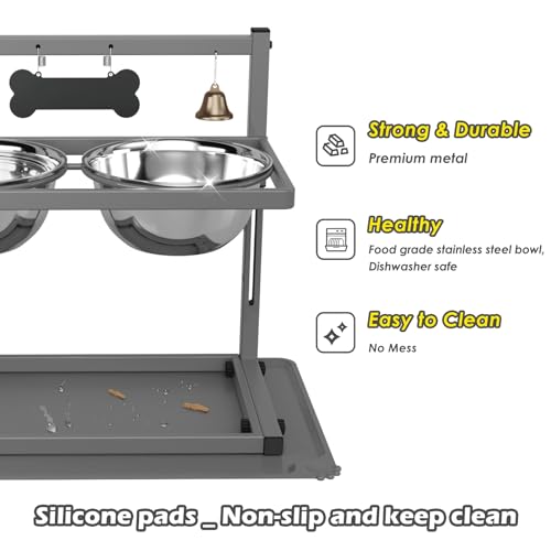 Grey Raised Dog Bowl Stand with Two 1700ml Stainless Steel Food Bowl (Gunmetal Grey - Slow Bowl & Mat / Large Dogs)