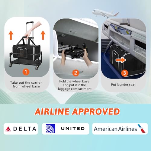Small Pet Carrier 18"x11"x11" with Wheels Airline Approved (18.0"L x 11.0"W x 11.0"H / Black and Wheeled)