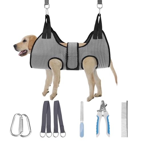 Dog Grooming Hammock Harness for Dogs & Cats with Pet Nail Clipper Trimmer (M / Grey)