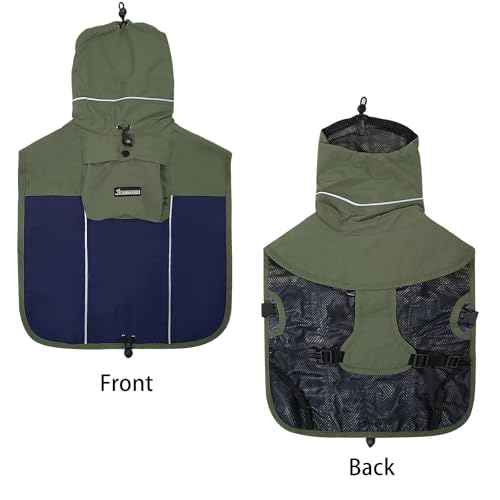 Dog Raincoat with High Collar (Green&Navy / Large(22-37lb))