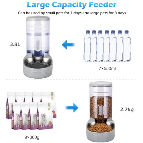 Automatic Cat Feeder and Water Dispenser with Stainless Steel Bowl Gravity Food Feeder and Waterer Set for Small Medium Dog Puppy Kitten 1 Gallon x 2 (Stainless Steel-Grey)