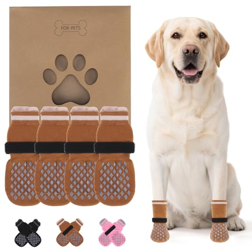 Anti Slip Dog Socks Shoes for Hot Pavement to Prevent Licking Paws Scratching (Khaki / X‑Small (4 Pack))