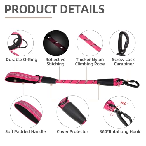 Reflective Short Dog Leashes 3 Pack for Walking and Training (Hot Pink / 1FT+1.5FT+2.5FT)