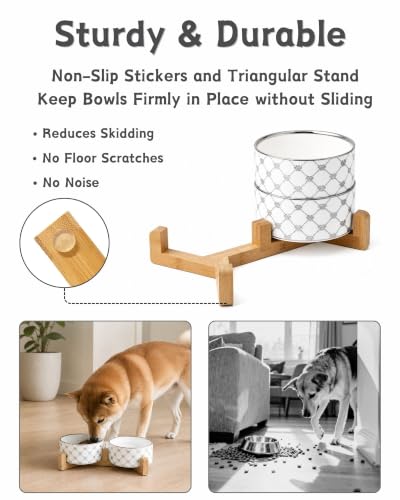 Ceramic Dog Bowl Set of 2 with Wood Stand (M-3.5 Cups / 03-Sliver Paw)