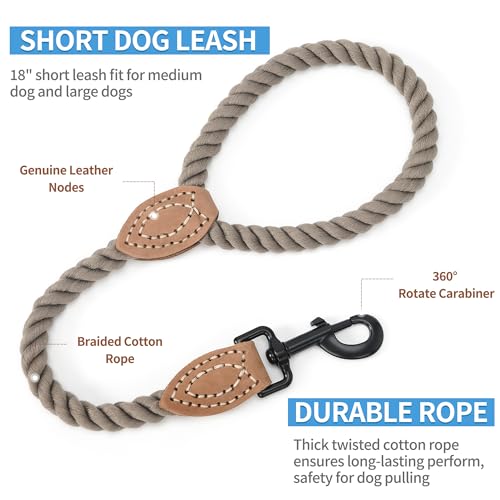 Dog Leash Braided Cotton Rope with Leather (Camel / 18 Inch-1/2")