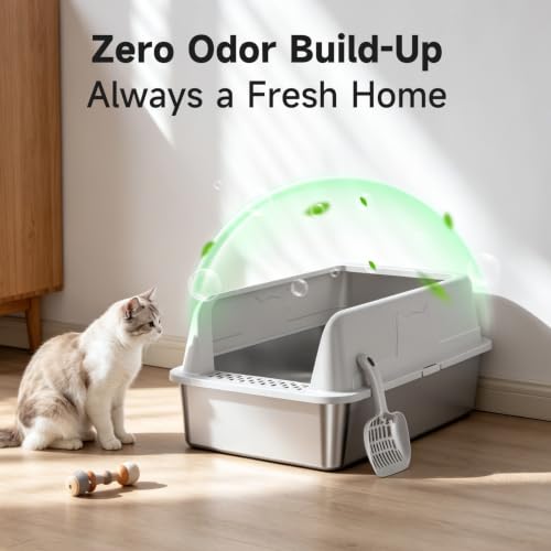 High Sided Stainless Steel XL Cat Litter Box for Cats (Grey XL)