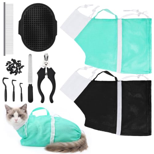 Cat Bathing Bag Kit Adjustable Mesh Cat Washing Bag with Nail Clippers Nail File Brush Comb Tick Remover Tool Pet Grooming Bag for Cats and Small Dogs (Black+Green)
