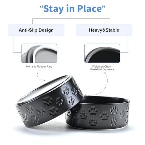 Ceramic Dog Bowls 2 Pack (7.3 in - 5.3 cups / Paw Black - Only Bowls*2)
