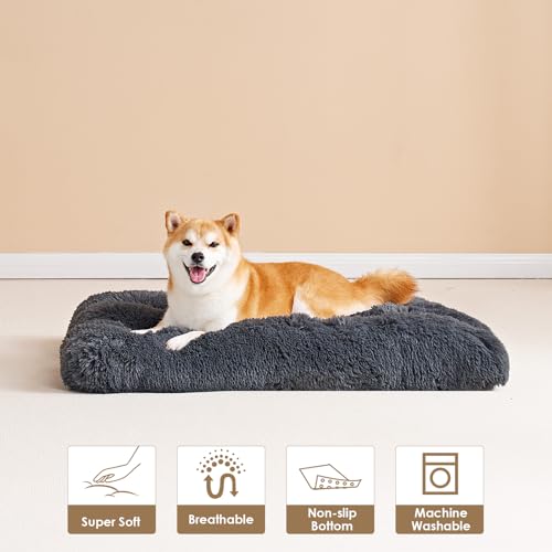 Fluffy Dog Crate Bed for Large Dogs (Dark Grey / 35 x 23)
