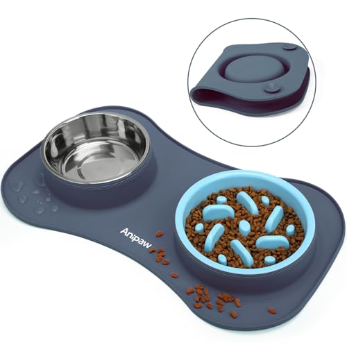 Slow Feeder Dog Bowls 3 in 1 Stainless Steel Food Water Bowl to Slow Eating (Large Breed / Light Grey)