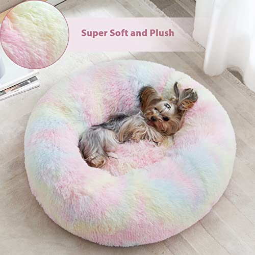 Medium Round Calming Dog Bed Cat Bed for Comfy Sleep (30"L x 30"W x 10"Th / Rainbow)