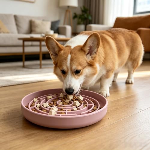 Dog Cat Lick Mat and Slow Feeder Bowl Set (Pink)