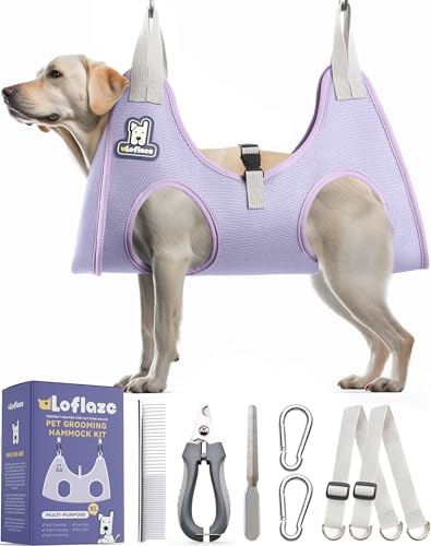 Dog Grooming Hammock Harness for Dogs & Cats with Pet Nail Clipper Trimmer (XL ( Legs Distance : 9.5-18.8" / Max W：85lb ) / Purple)