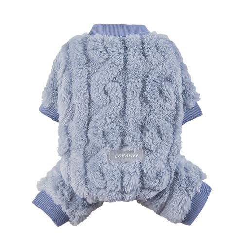 Plush Dog Pajamas for Cold Weather 4 Legged Clothes for Dog Cat Stretchy Puppy Kitten Onesie with Buttons Warm Soft Pet Jumpsuit Winter Coat Blue Small (Small / Blue)