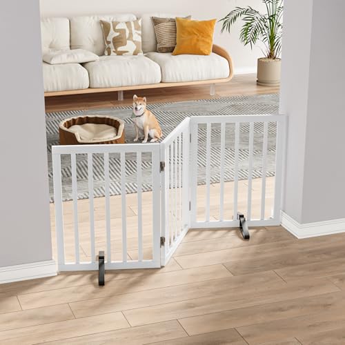 Dog Gates for The House Freestanding Foldable Pet Gates for Doorways 3 Panels 24'' Tall with 2PCS Support Feet Wooden White Dog Gate for Stairs (White / 3 Panel - 55 inches Wide)