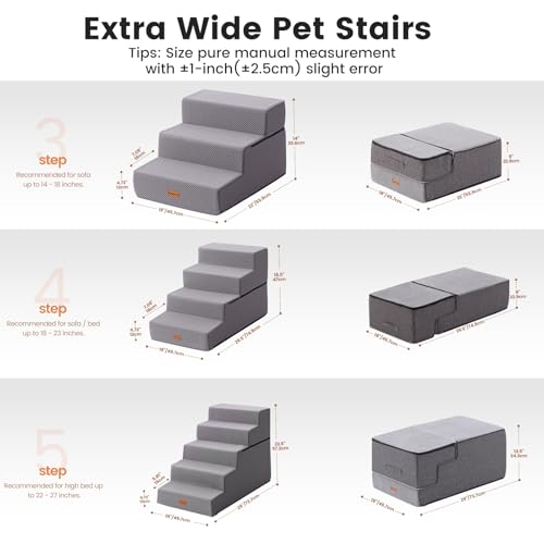 Dog Stairs for Small Dogs 22.8" H (Grey / 18"x29"x22.5"Extra Wide)