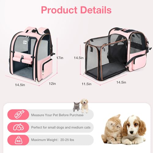 Large Cat Backpack Carrier Expandable Foldable Pet Carrier Backpack for Small Dogs Puppy Medium Cats Fit Up to 18 Lbs for Travel (Pink)