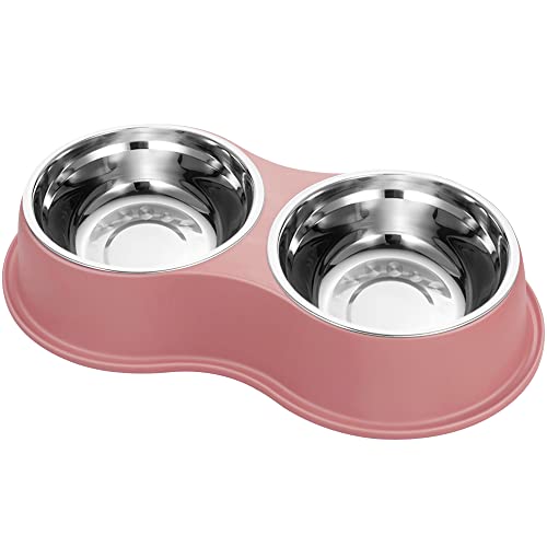 Stainless Steel Dog Bowls Double Non (Medium-18oz / 3.Pink)