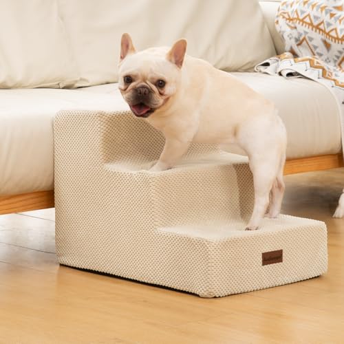 Dog Stairs for Small Dogs (Beige / Wider 3-Step 15.7" H)