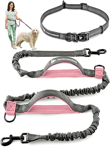 Exquisite Handsfree Dog Leash for Large Dogs. Ultimate Comfort & Freedom for Walking and Hiking. Premium Quality (Dark Grey & Pink)